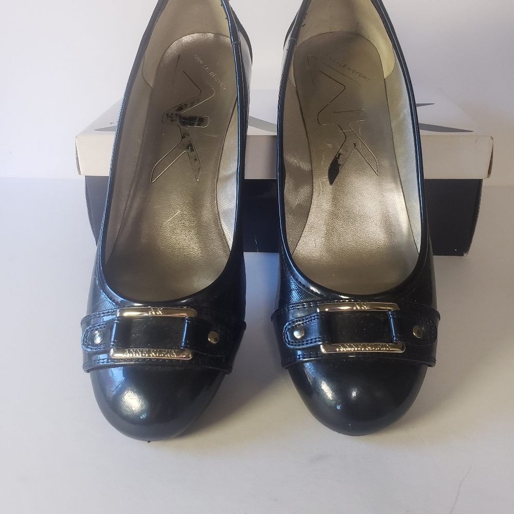 Anne Klein Sport Black Patent Wedges with Gold Accent